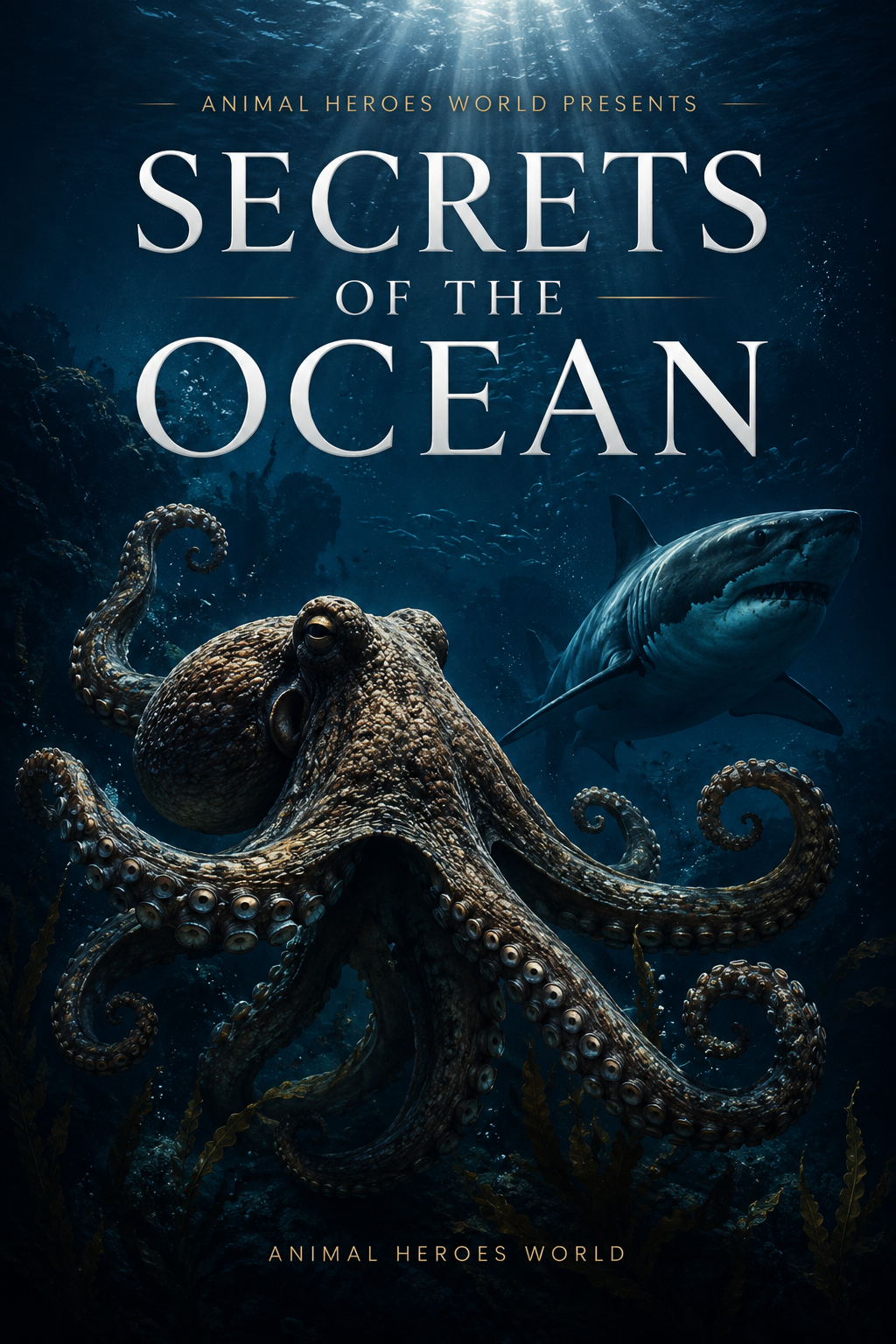 Book cover: a large octopus and a shark in deep blue water lit by sunbeams from the surface