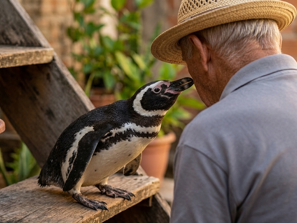 A Magellanic penguin reaches up towards an elderly man in a straw hat on a wooden bench