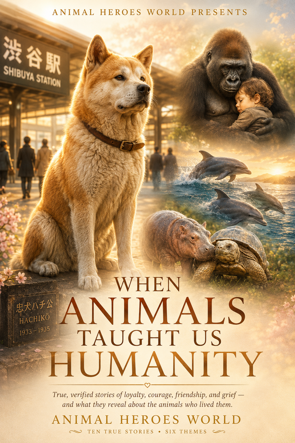 Book cover: Hachikō the Akita at Shibuya Station, a gorilla holding a child, dolphins, a hippo and a tortoise
