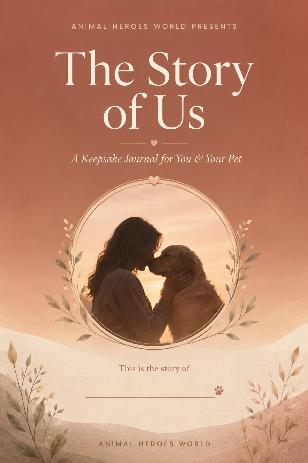 Book cover: a woman touching noses with a golden retriever at sunset inside a gold circle