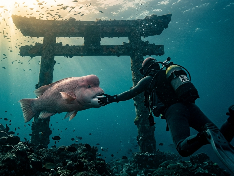 A diver reaches out to an Asian sheepshead wrasse beside a submerged torii gate in sunlit water off Tateyama Bay, Japan