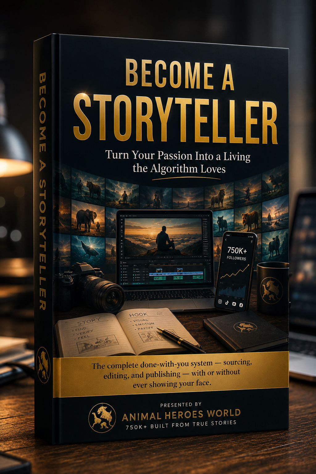 Become a Storyteller book cover — gold title on deep navy, with a laptop editing timeline, a phone showing 750K+ followers, and a storyboard notebook